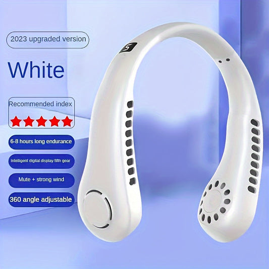 Portable Adjustable USB Rechargeable Battery Operated Hanging Neck Fan White Multipurpose Use