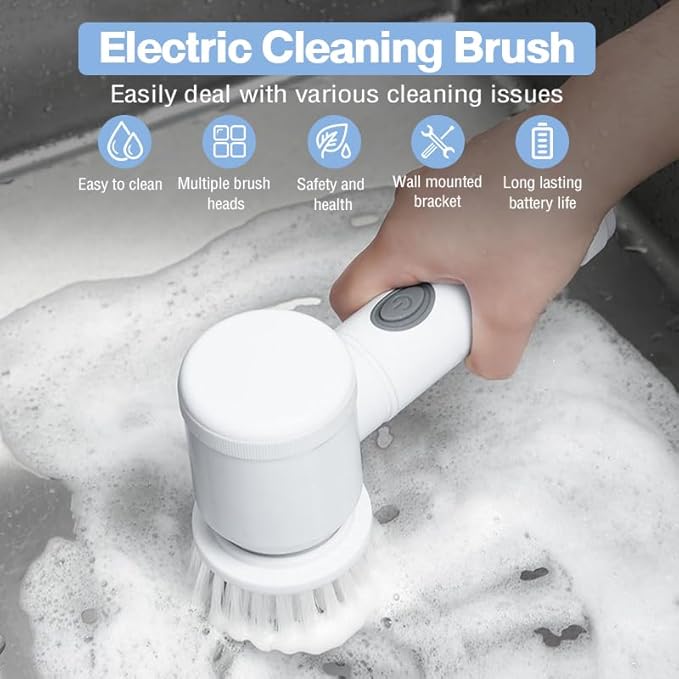 Electric Spin Scrubber with 5 Replaceable Brush Heads and Adjustable Speeds Rechargeable Electric Cleaning Brush for Kitchen, Bathroom, Sink, Floor, and Bathtub