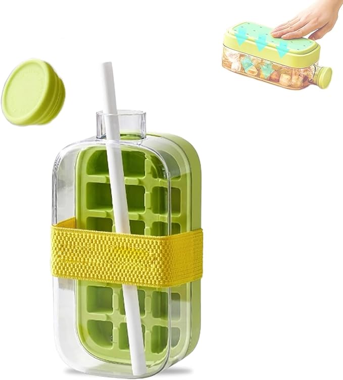 2 in 1 Creative Water Bottle Ice Cube Tray - integrates ice making and water storage, suitable for school, office, fitness, outdoor, camping (Green 800ML)