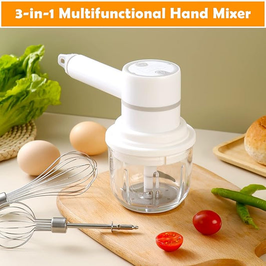 Hand Mixer Electric Garlic Chopper Egg Beater, Cordless Handheld Food Processor with 300ML Glass Container, 3 Speed Adjustable, USB Rechargeable Electric Whisk for Cooking Baking