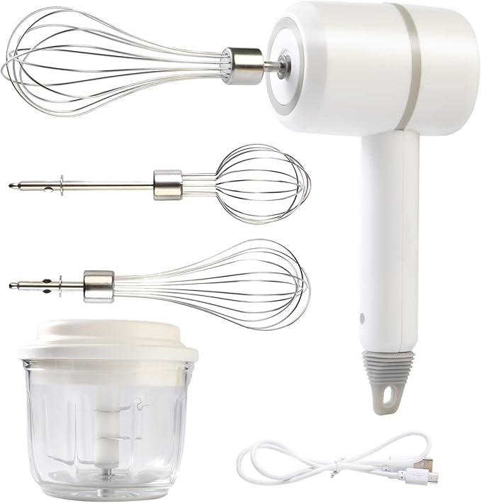 Hand Mixer Electric Garlic Chopper Egg Beater, Cordless Handheld Food Processor with 300ML Glass Container, 3 Speed Adjustable, USB Rechargeable Electric Whisk for Cooking Baking
