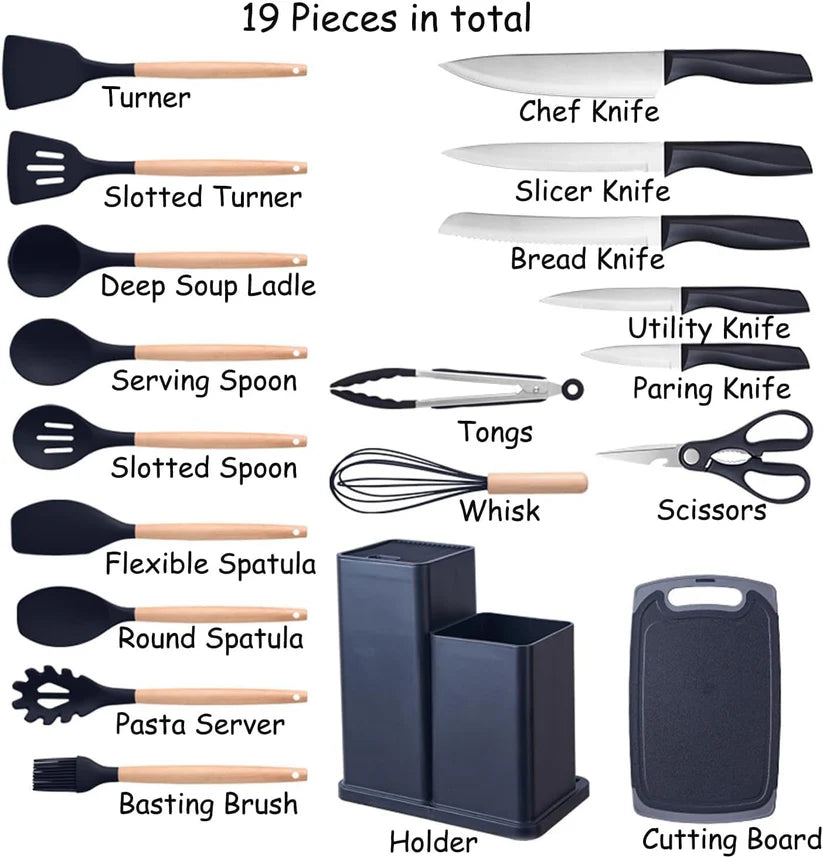 Premium 19pcs Kitchen Utensils Set: Professional & Stylish Chef Tools. Ideal Wedding Gift for Home Chefs. BPA-Free, Non-toxic Silicone Kitchenware to Modernize Your Kitchen