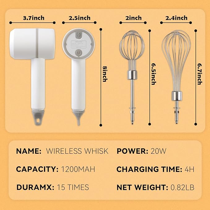 Hand Mixer Electric Garlic Chopper Egg Beater, Cordless Handheld Food Processor with 300ML Glass Container, 3 Speed Adjustable, USB Rechargeable Electric Whisk for Cooking Baking