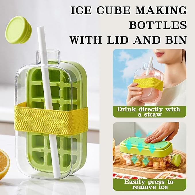 2 in 1 Creative Water Bottle Ice Cube Tray - integrates ice making and water storage, suitable for school, office, fitness, outdoor, camping (Green 800ML)