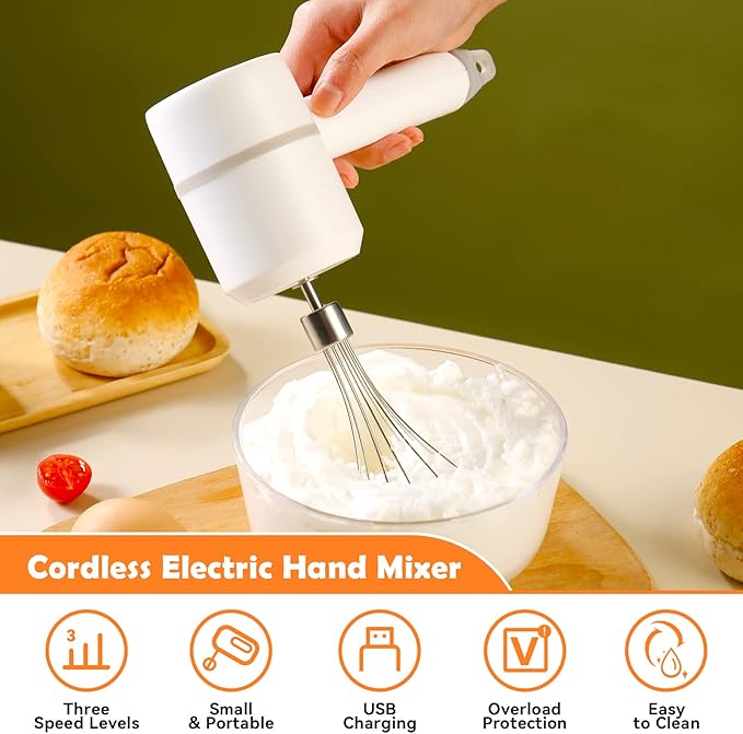 Hand Mixer Electric Garlic Chopper Egg Beater, Cordless Handheld Food Processor with 300ML Glass Container, 3 Speed Adjustable, USB Rechargeable Electric Whisk for Cooking Baking