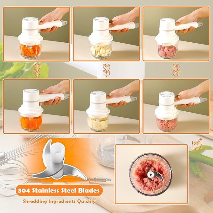Hand Mixer Electric Garlic Chopper Egg Beater, Cordless Handheld Food Processor with 300ML Glass Container, 3 Speed Adjustable, USB Rechargeable Electric Whisk for Cooking Baking