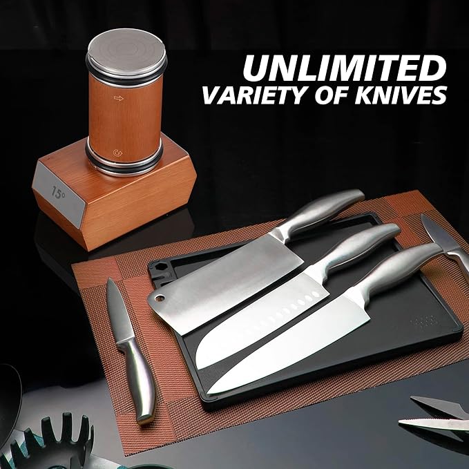 Rolling Knife Sharpener Kit, Kitchen Knife Sharpener Set, Knife Sharpening Tools, 15 & 20 Degree Sharpening for Kitchen Knives, Diamond and Ceramic Discs, Leather Strop, Polishing Compound