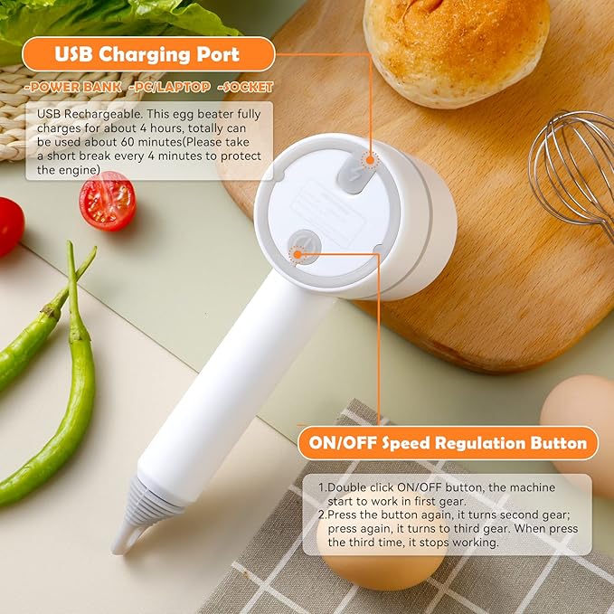 Hand Mixer Electric Garlic Chopper Egg Beater, Cordless Handheld Food Processor with 300ML Glass Container, 3 Speed Adjustable, USB Rechargeable Electric Whisk for Cooking Baking