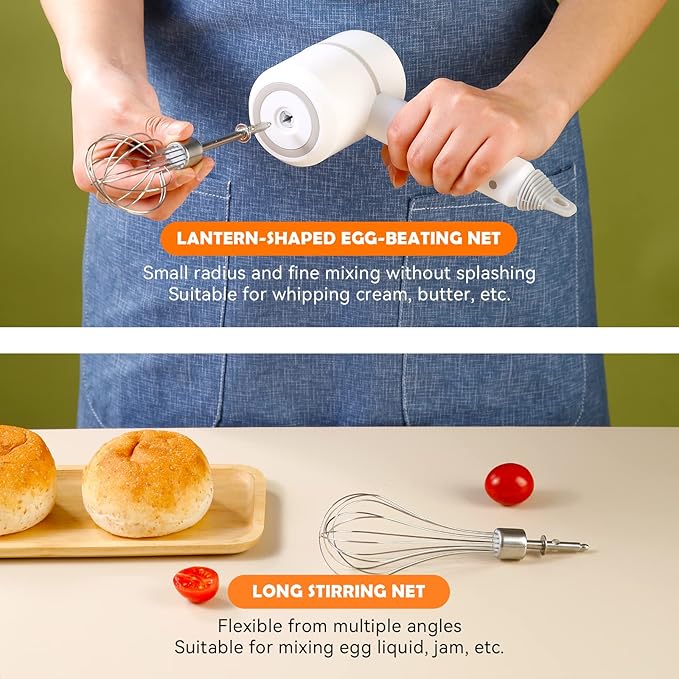 Hand Mixer Electric Garlic Chopper Egg Beater, Cordless Handheld Food Processor with 300ML Glass Container, 3 Speed Adjustable, USB Rechargeable Electric Whisk for Cooking Baking