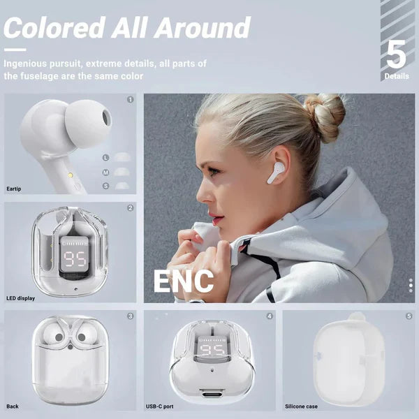 T6 Wireless Earbuds, Bluetooth Headphones with ENC Noise Canceling Translucent Earphones, HiFi Dual Stereo Microphone Mini in-Ear Earbuds with Charging Case and LED Digital Display
